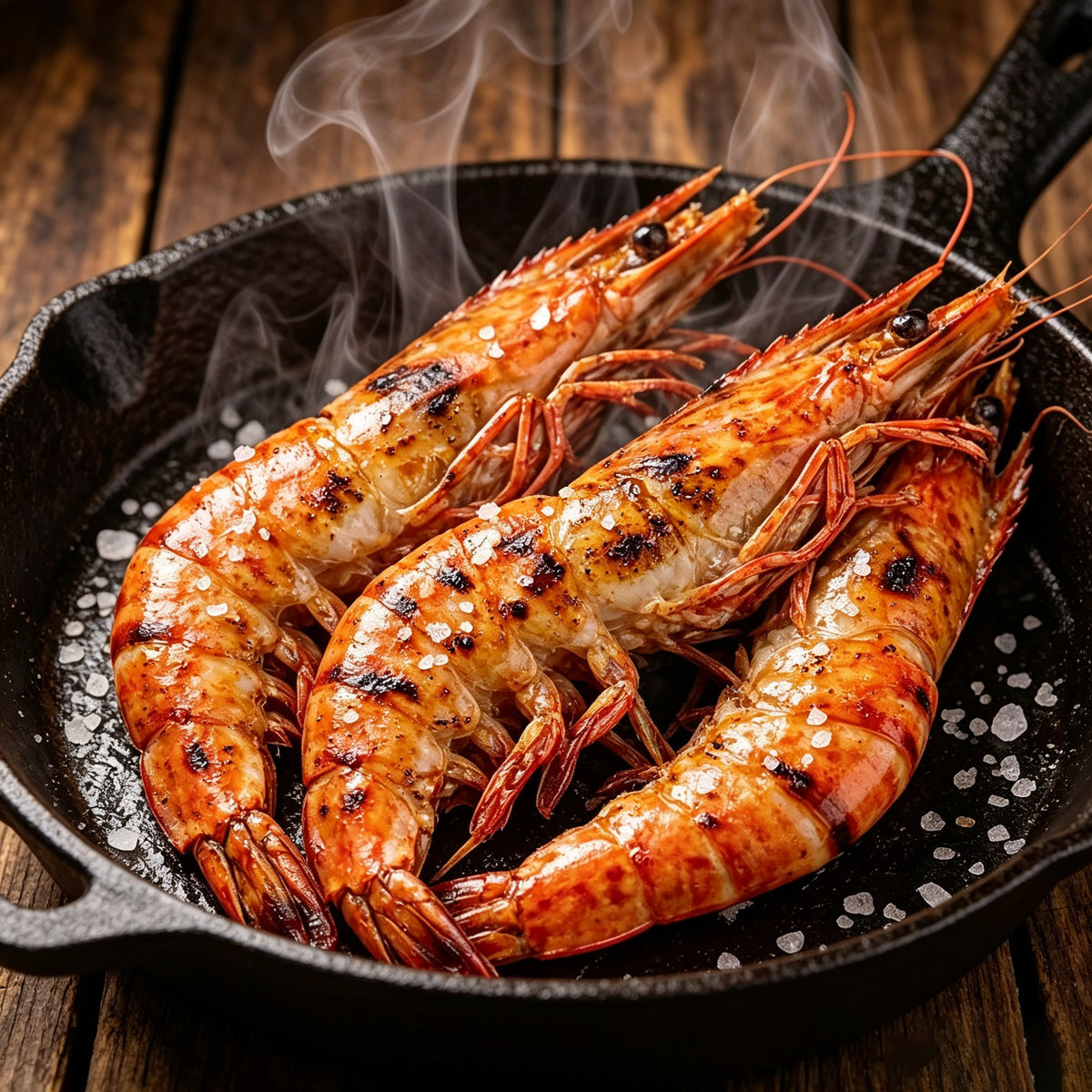 Grilled prawns sizzling in a cast iron pan with sea salt