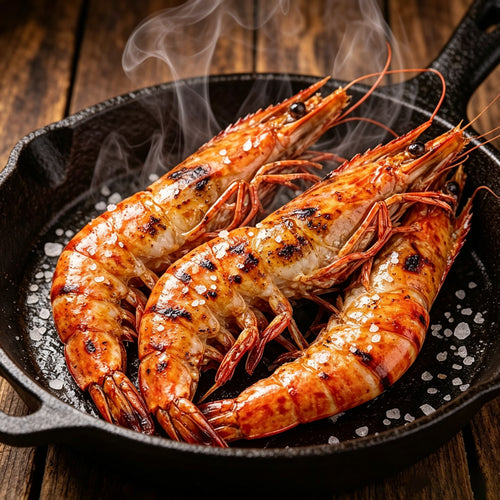 Grilled prawns sizzling in a cast iron pan with sea salt