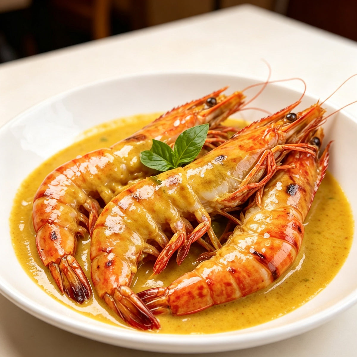 Cooked prawns coated in golden curry sauce with a herb garnish
