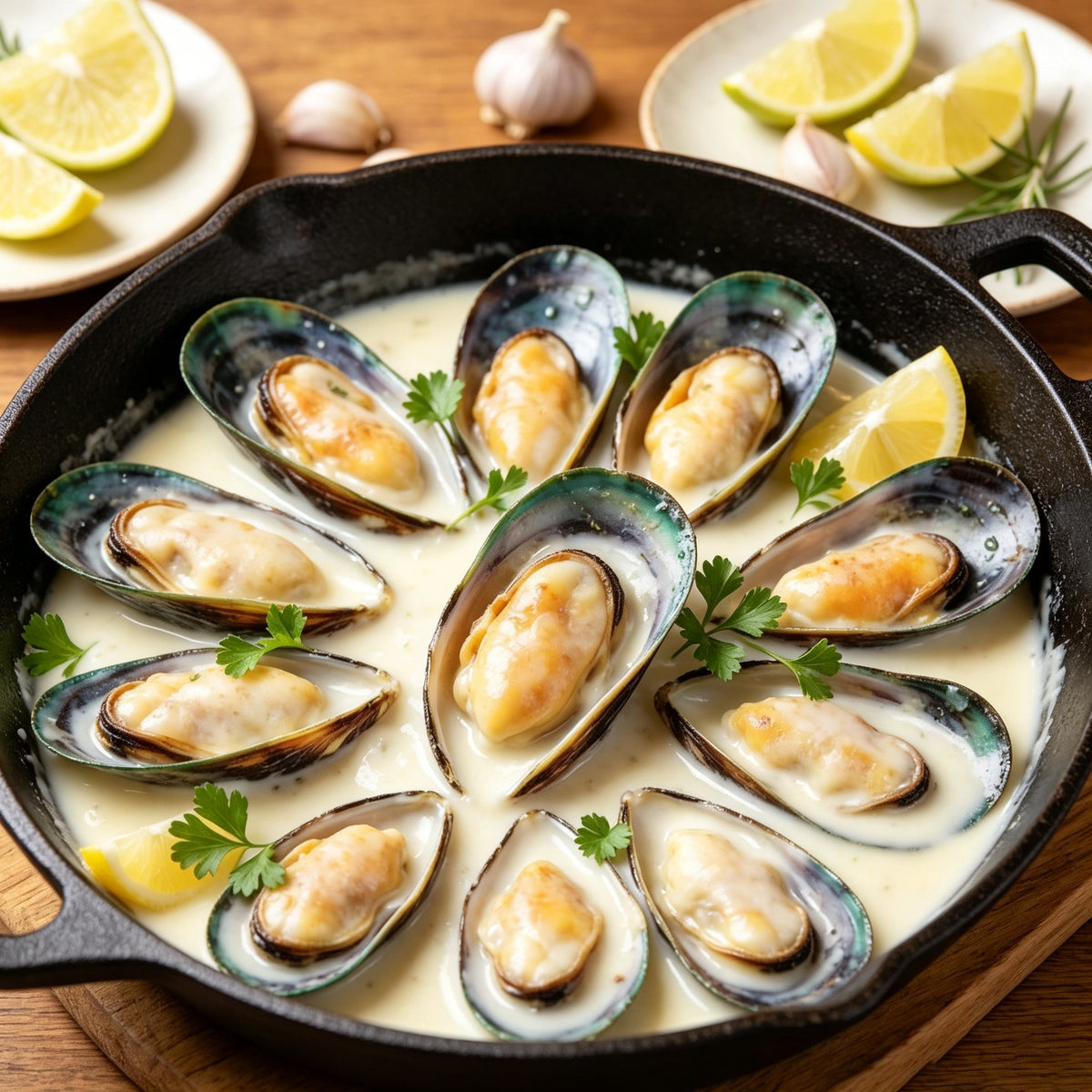 Half shell mussels simmering in a creamy herb broth in a black pan