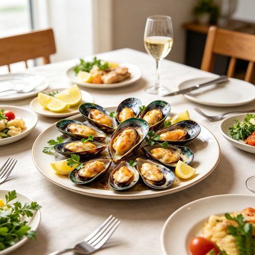 Plated half shell mussels arranged in a circle with lemon and wine
