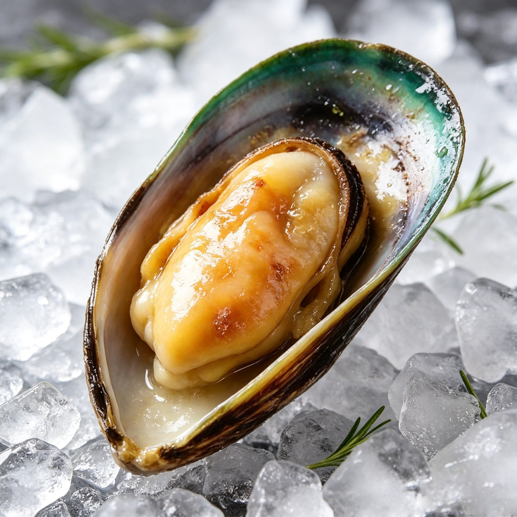 Single half shell mussel on crushed ice with a green rimmed shell