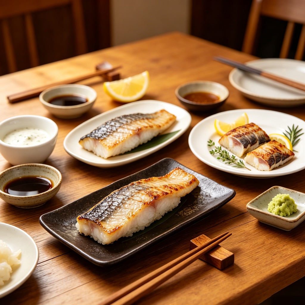 Grilled mackerel fillets plated with dipping sauces on a wooden table