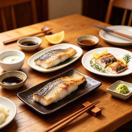 Grilled mackerel fillets plated with dipping sauces on a wooden table