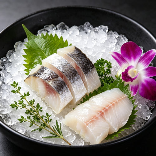 Raw mackerel fillet slices on crushed ice with shiso leaf
