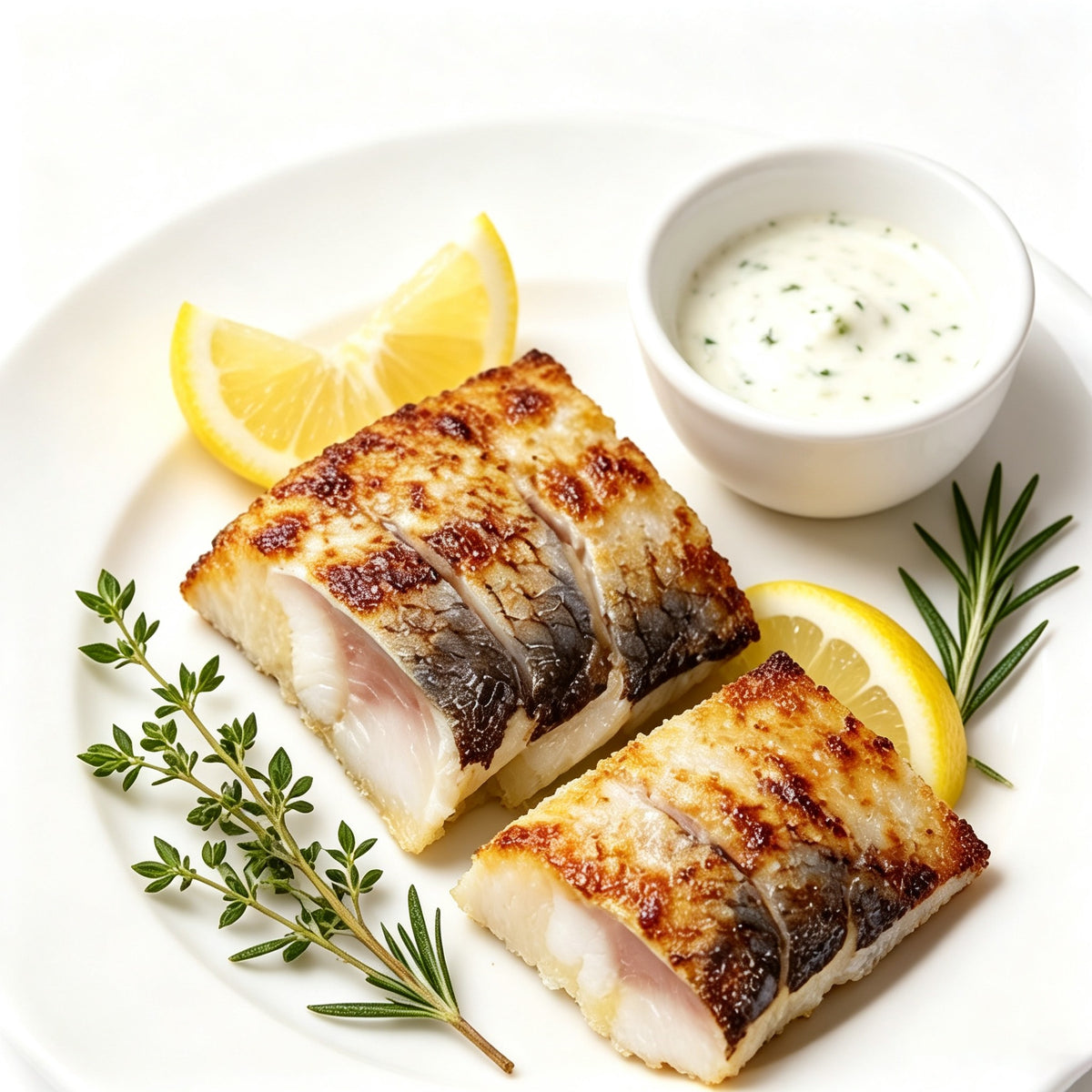 Pan seared mackerel fillets with lemon and a herb cream sauce