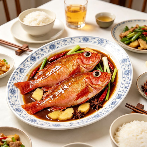 Braised whole red rockfish in savoury sauce served on a blue patterned plate