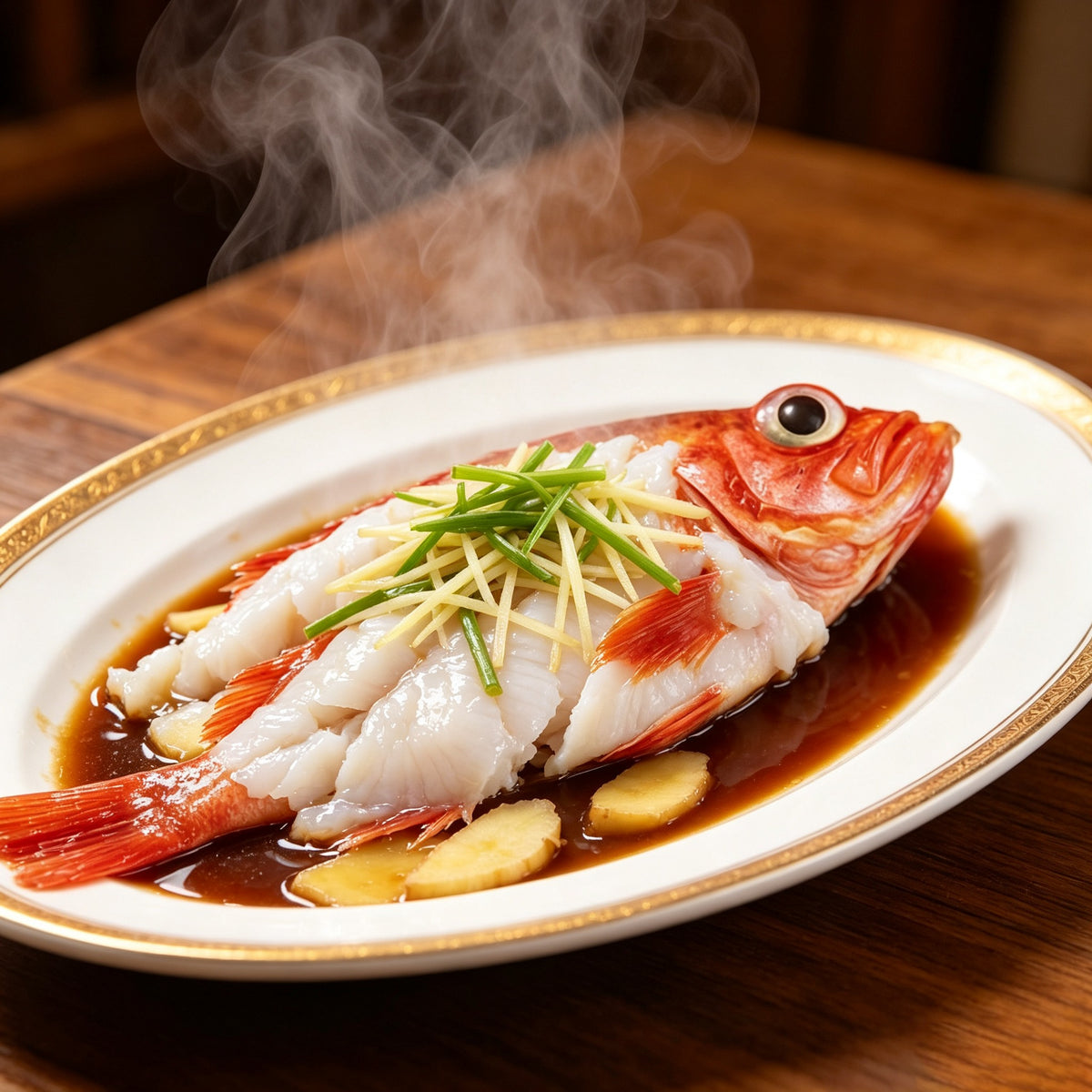 Steamed whole red rockfish topped with ginger and spring onion