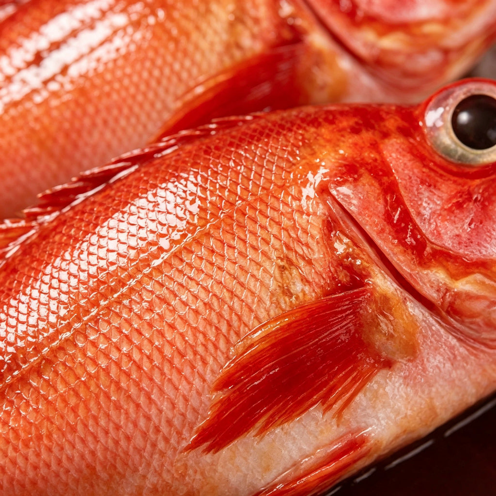 Close view of bright red scaled rockfish with a clear round eye