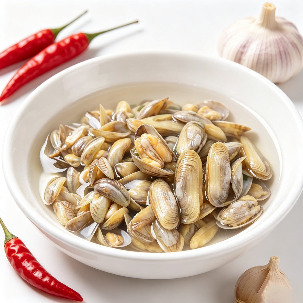 Bowl of raw short-neck clams with chilli and garlic alongside