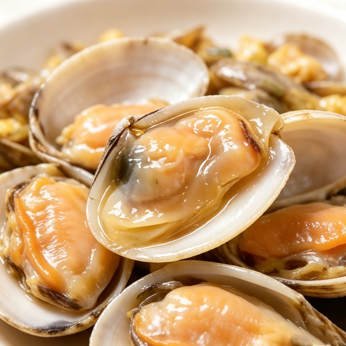 Cooked clams on the half shell with plump orange flesh