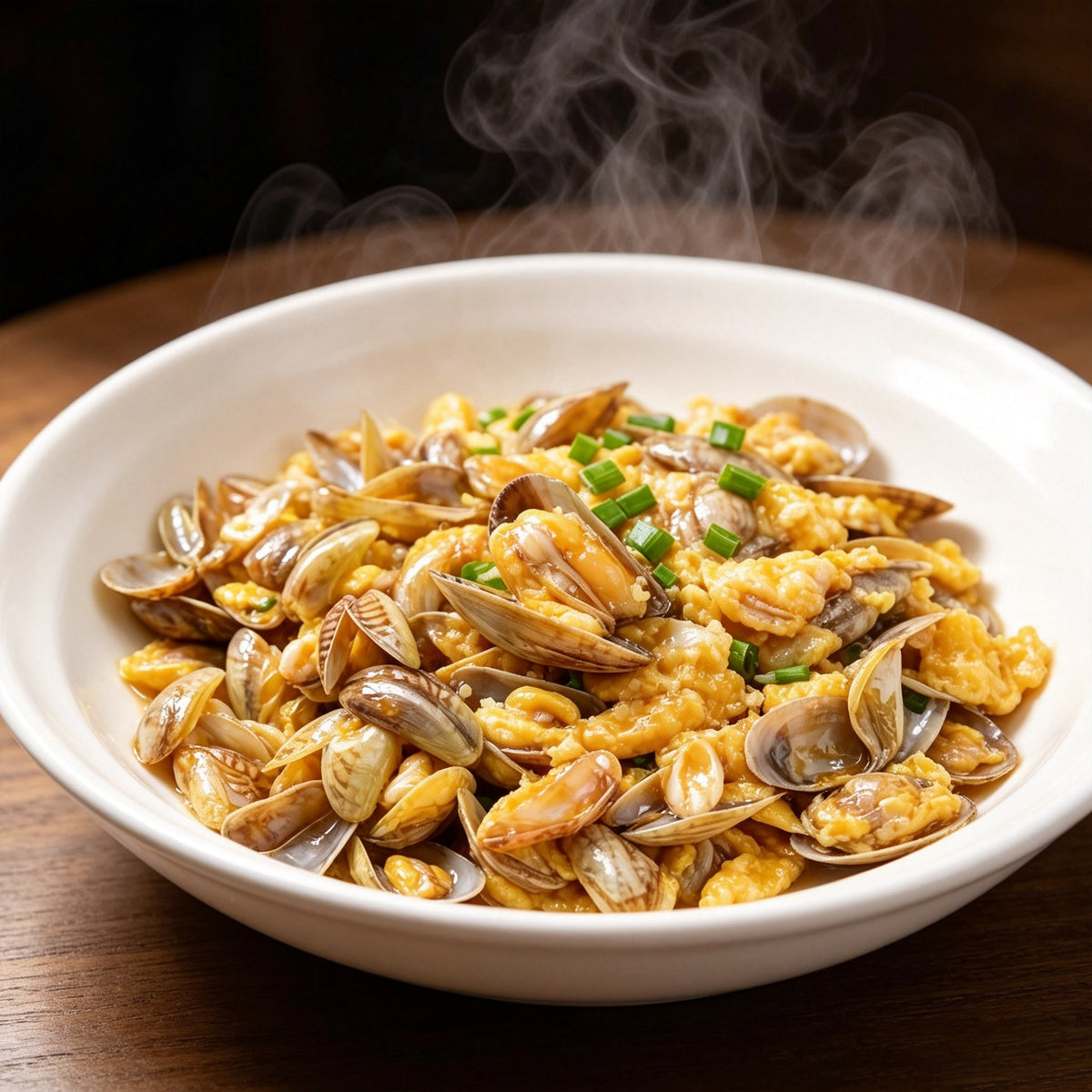 Stir fried clams with spring onion served in a white bowl