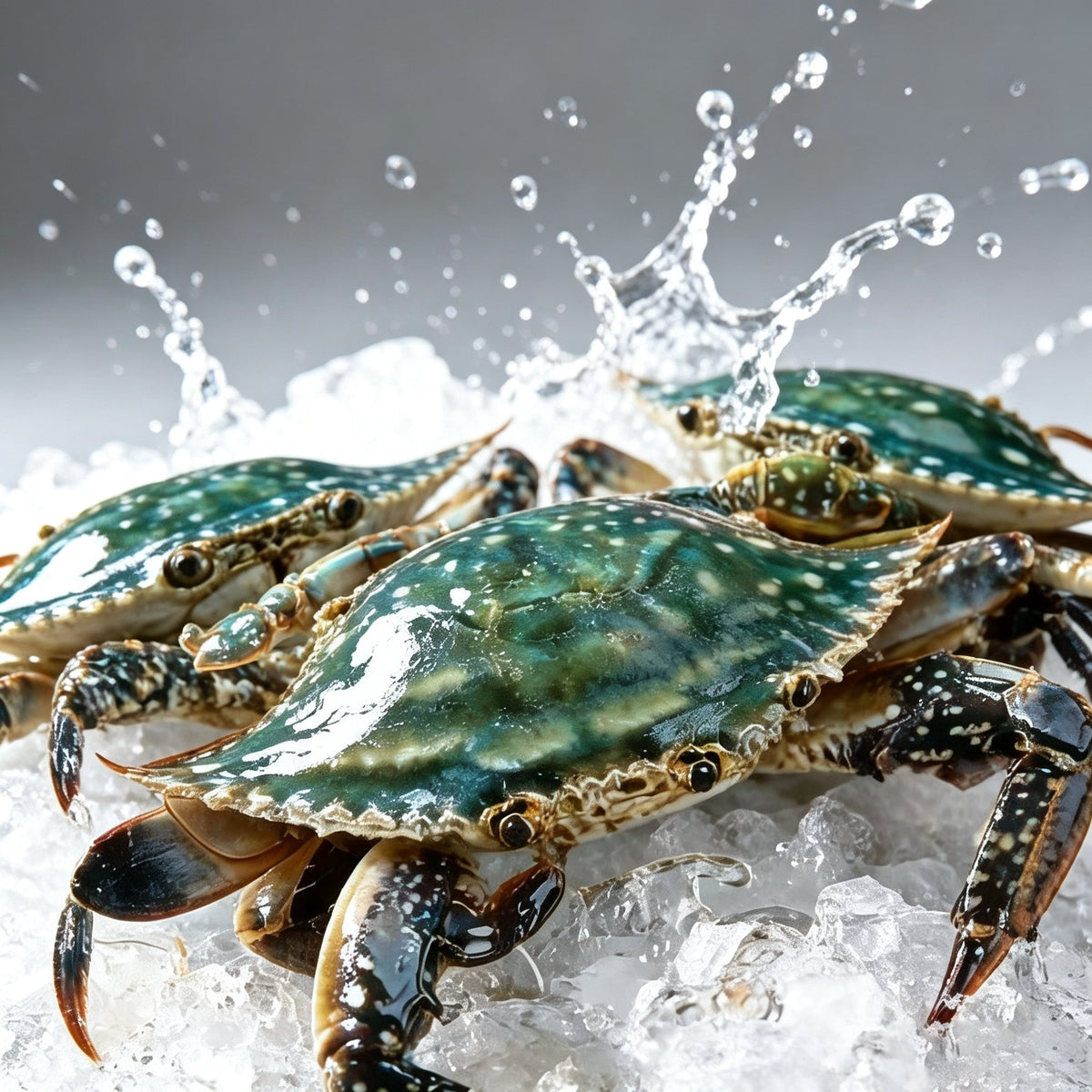 Raw blue green swimming crab with paddle legs splashing on ice