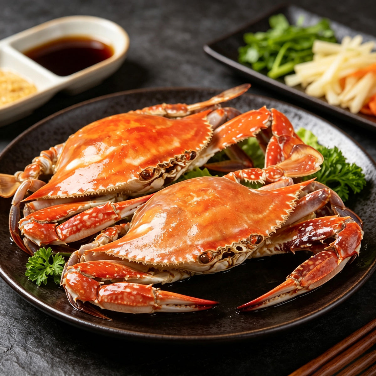 Two cooked orange swimming crabs plated with greens