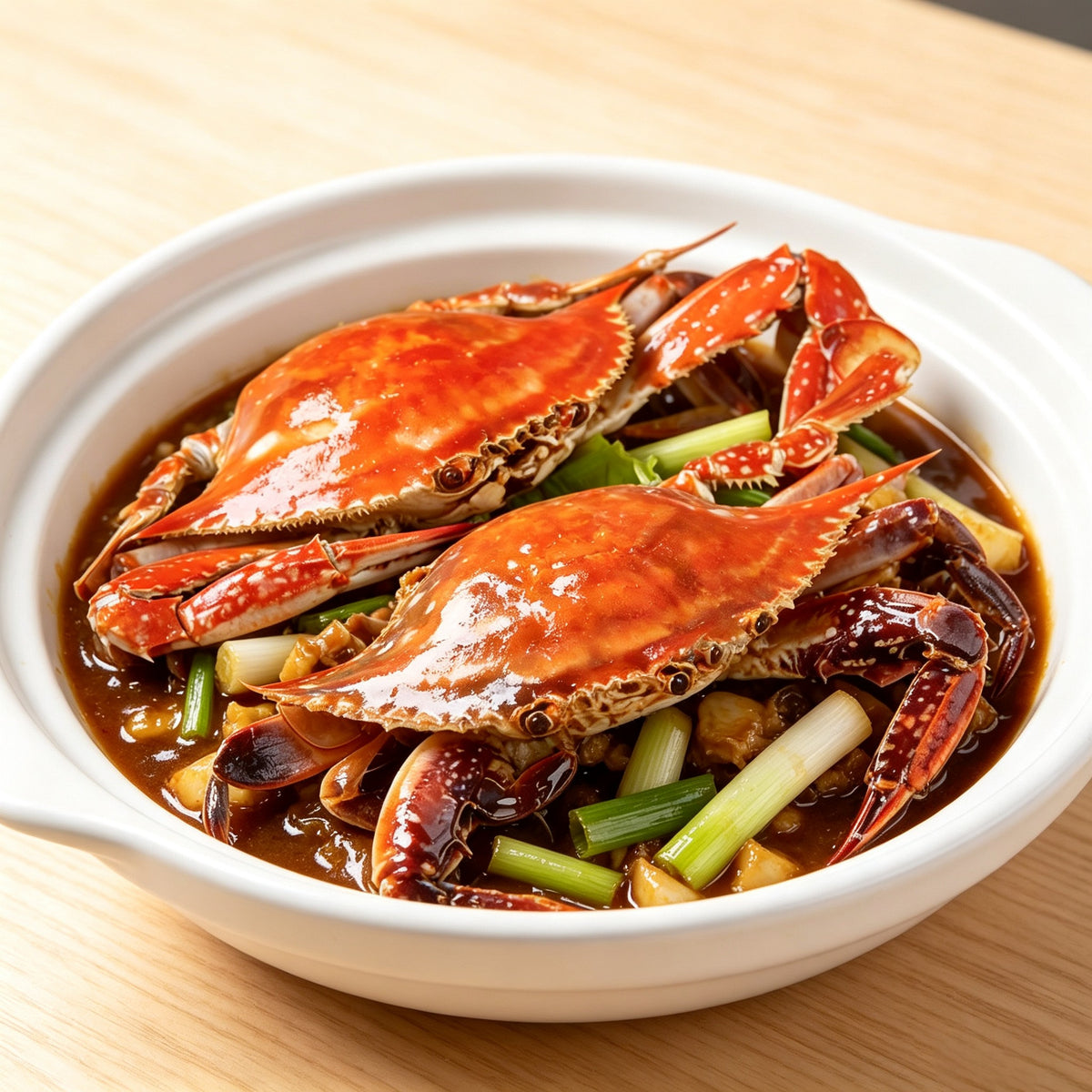 Braised swimming crab sections in glossy sauce with spring onion