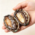 Hand holding two abalone showing dark shells and pale meat