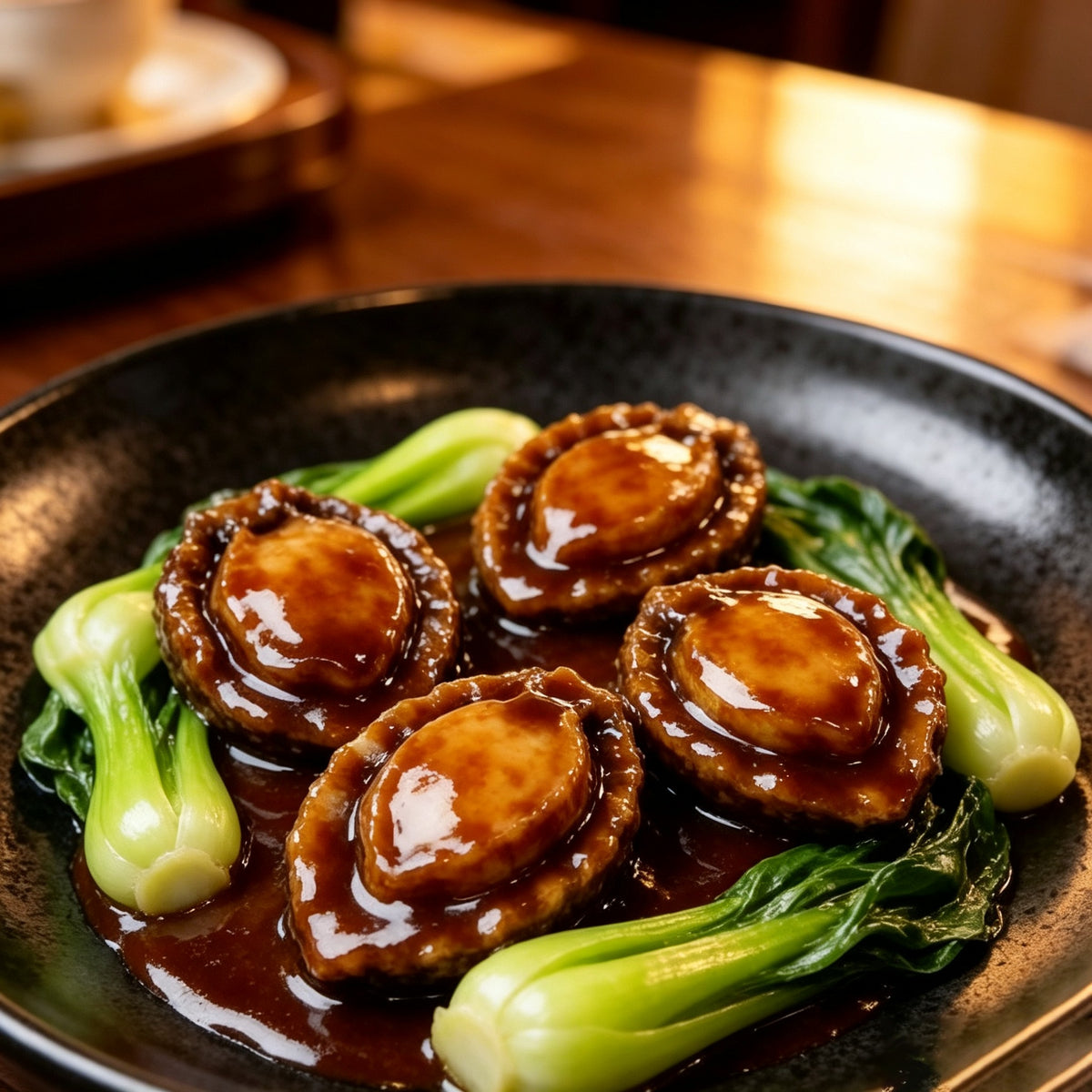 Braised abalone with baby bok choy in glossy brown sauce
