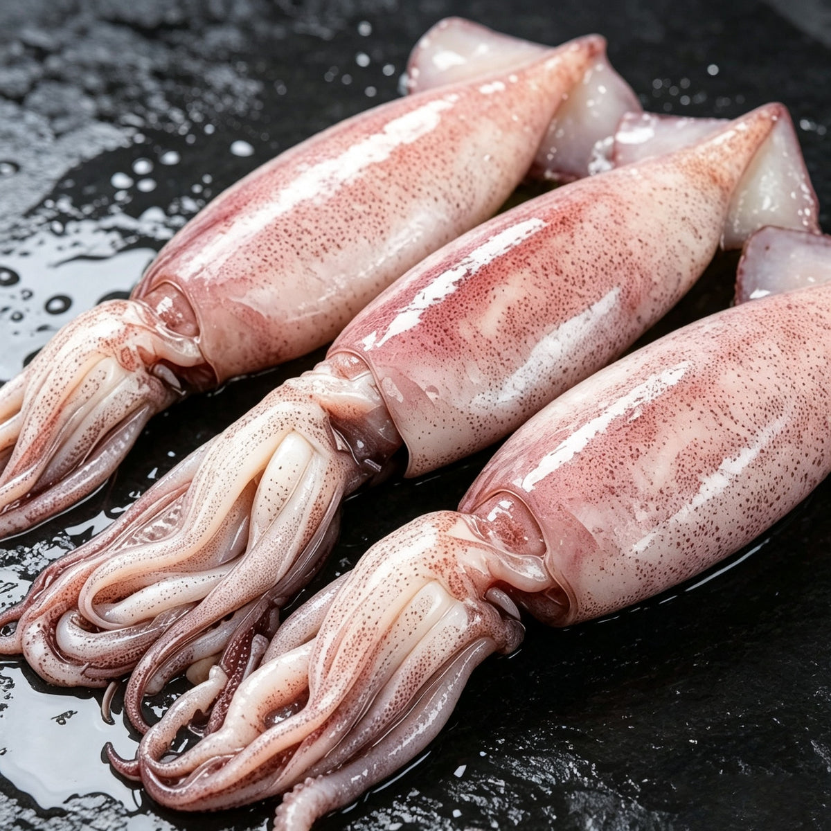 Three raw squid with tubes and tentacles intact on dark slate