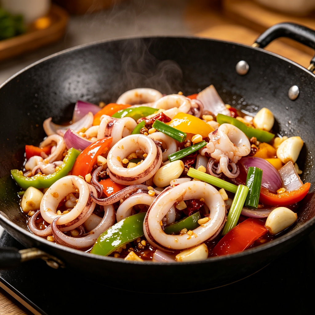 Squid rings tossed with peppers and spring onion in a hot wok
