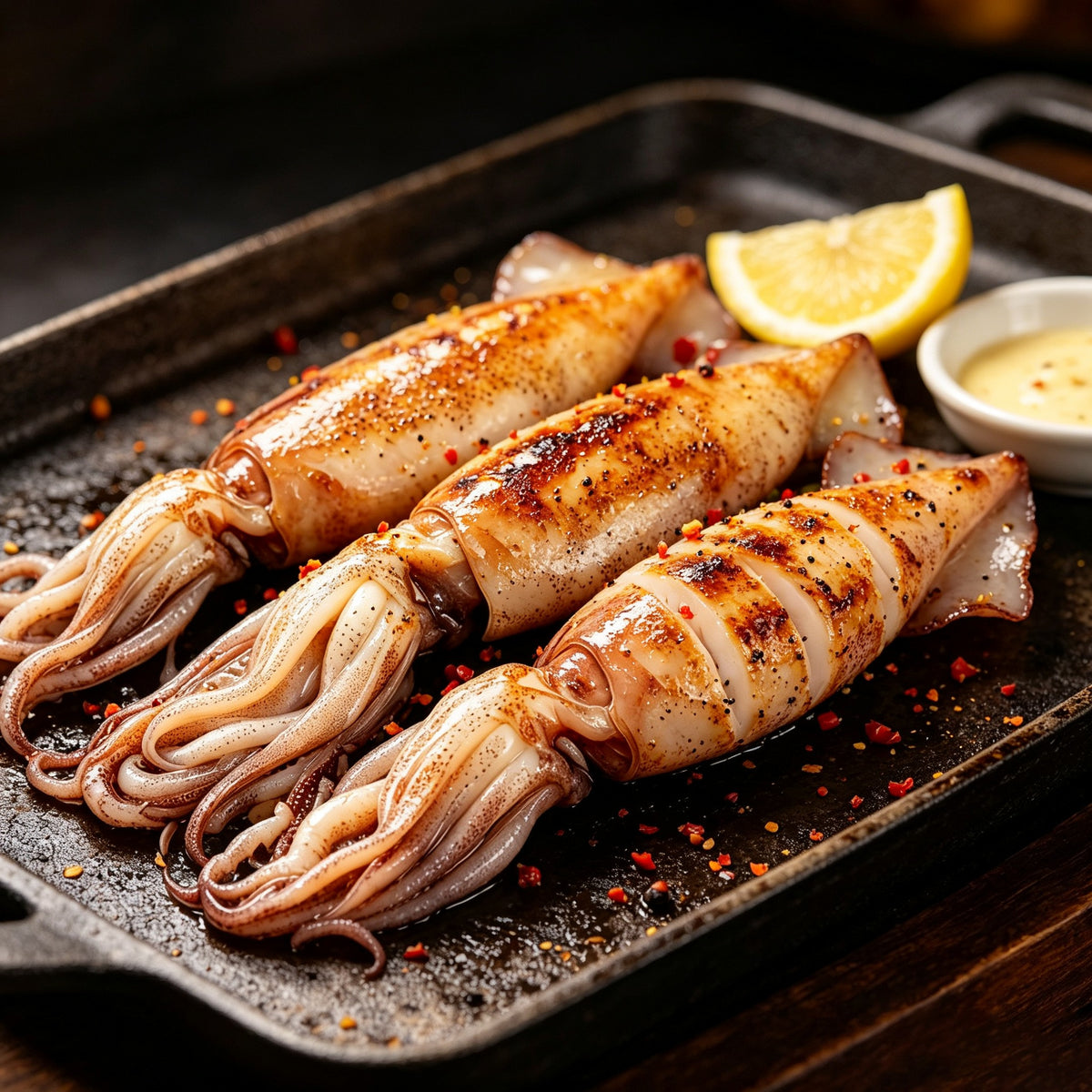 Grilled stuffed squid on a baking tray with lemon wedges